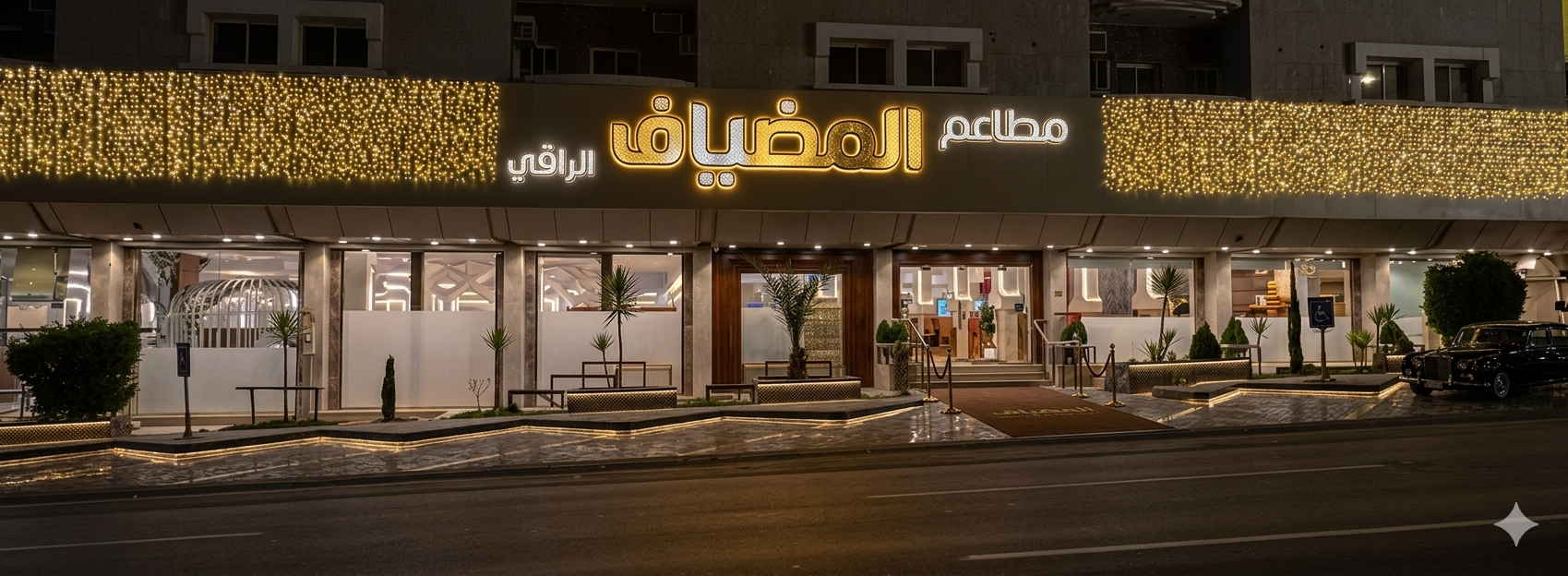 واجهة أحد فروع مطاعم المضياف الراقي بإضاءة ليلية